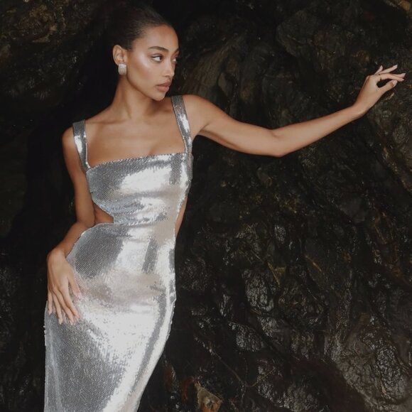 Adoria Sequin Cut Out Maxi Dress - Silver - Picture 1 of 5